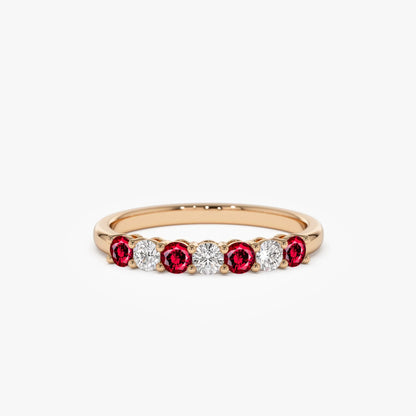 14k Gold Ruby and Diamond Round Cut 7 Stone Basket Setting Wedding Ring 0.43 ctw