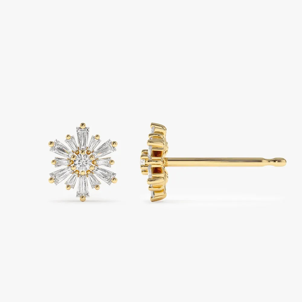 14k Gold Diamond Tapered Baguette and Round Cut Earrings Prong Setting 0.49 ctw