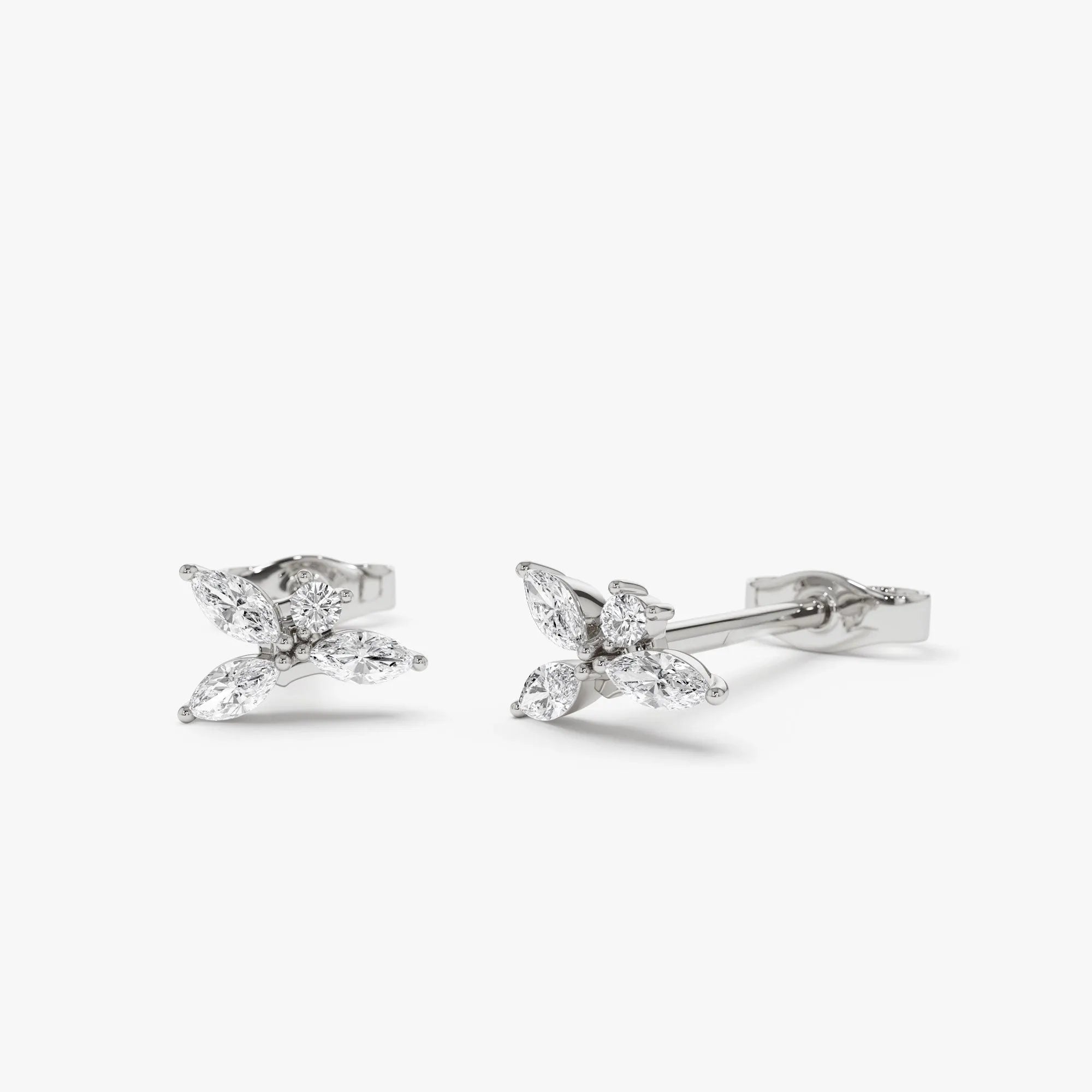 14k Gold Diamond Marquise and Round Cut Cluster Stud Earrings 0.20 ctw