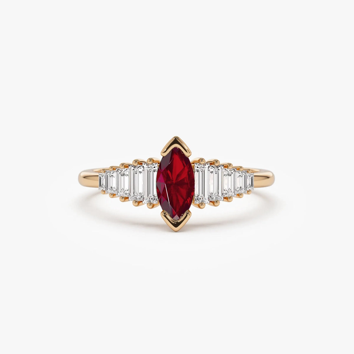 14k Gold Ruby and Diamond Marquise and Baguette Cut Ring 0.78 ctw