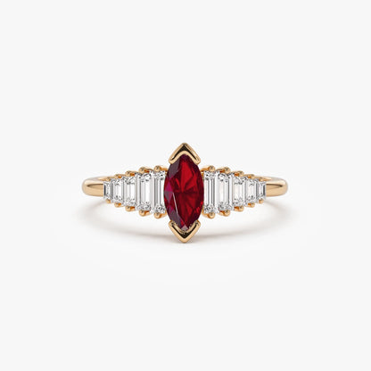 14k Gold Ruby and Diamond Marquise and Baguette Cut Ring 0.78 ctw