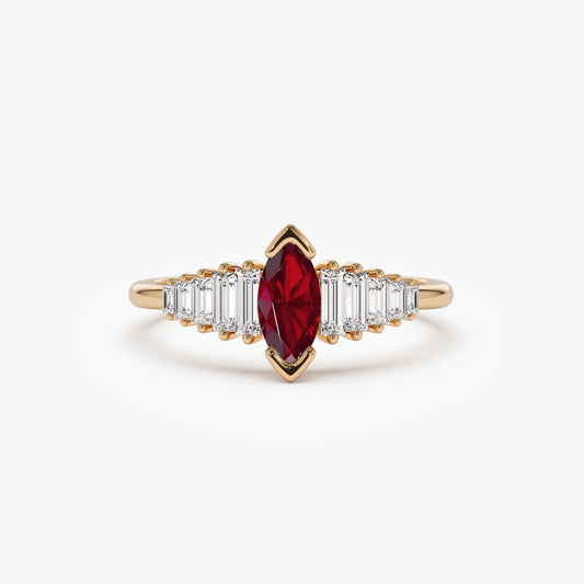14k Gold Ruby and Diamond Marquise and Baguette Cut Ring 0.78 ctw