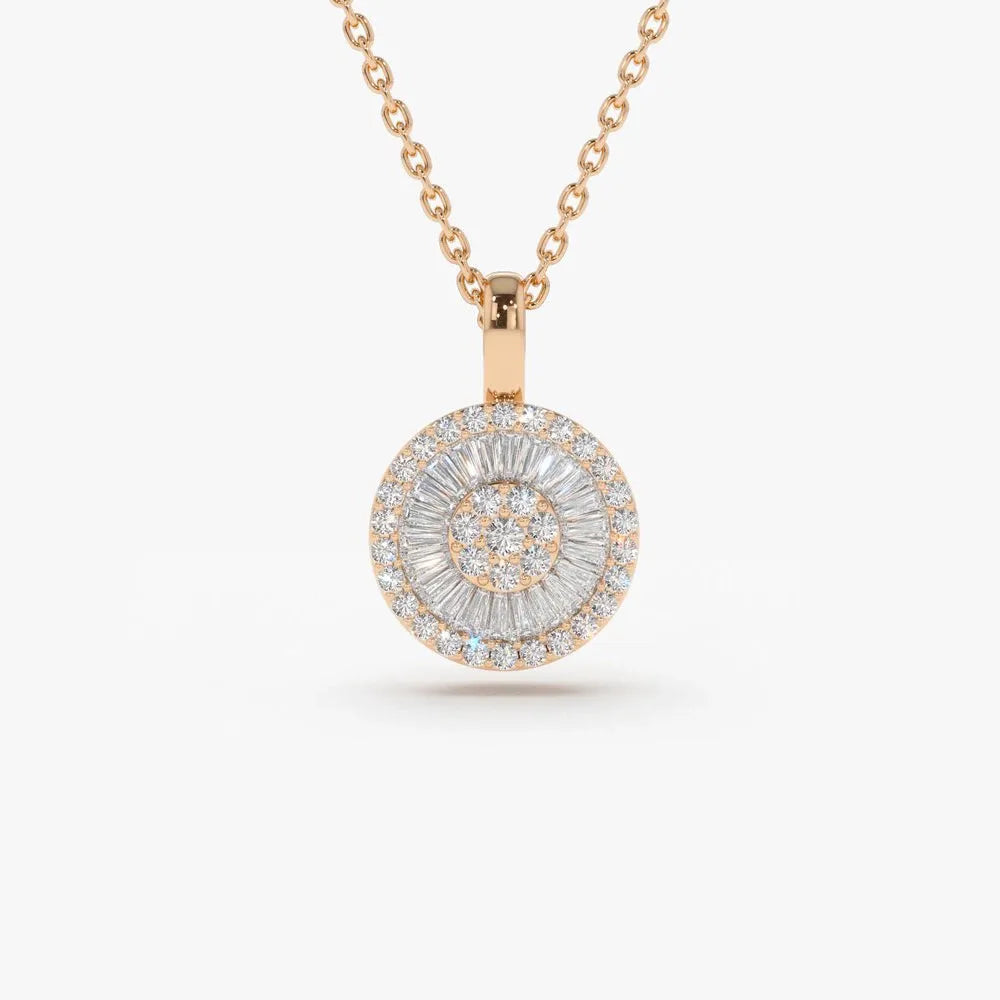 14K Solid Gold Baguette and Round Diamond Disc Cluster Necklace 0.44ctw