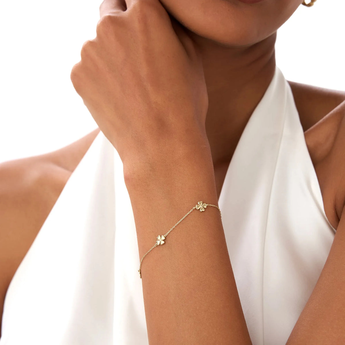 14k Solid Gold Clover Station Link Chain Bracelet with Charms