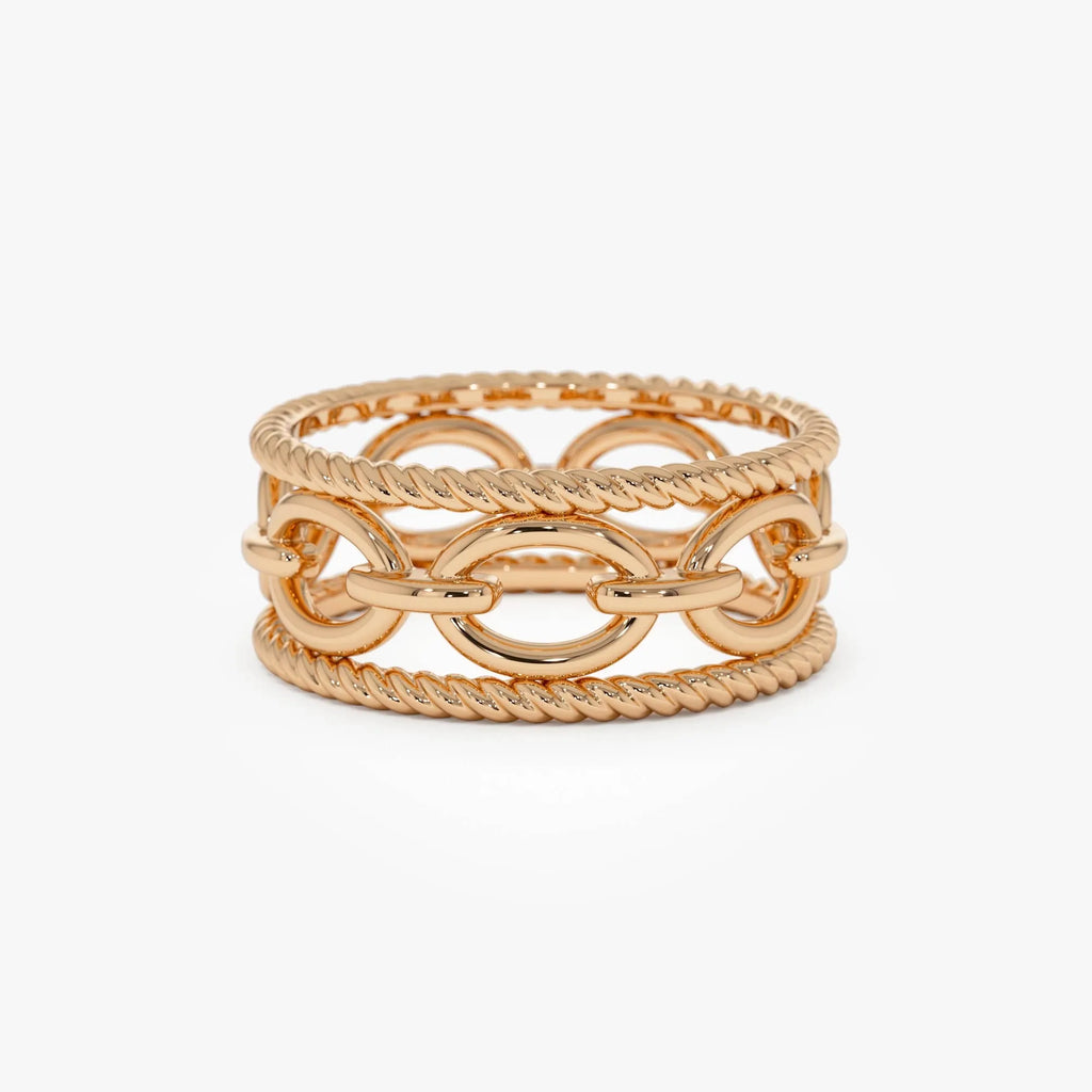 14k Solid Gold Rope Chain Link Wide Band Ring
