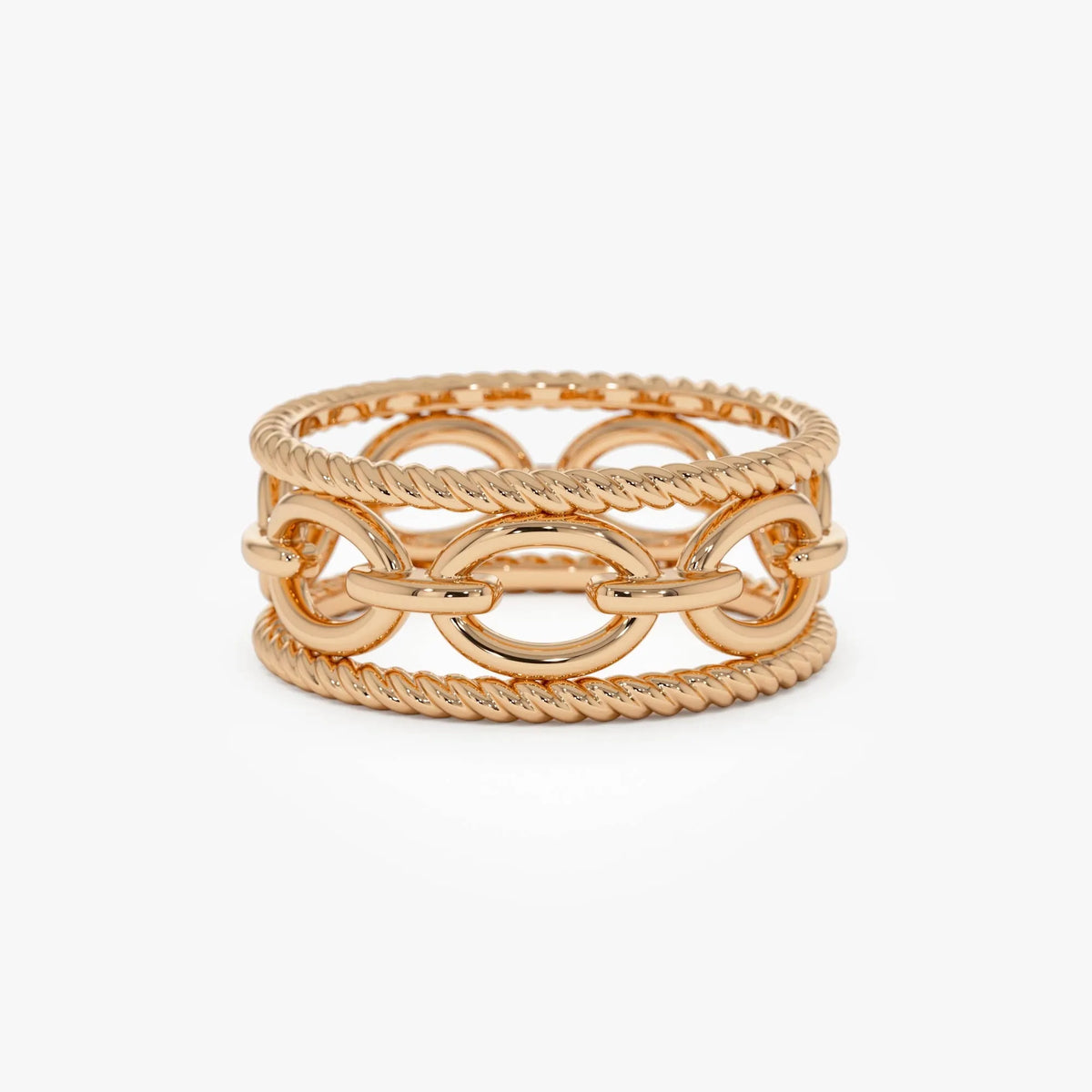 14k Solid Gold Rope Chain Link Wide Band Ring