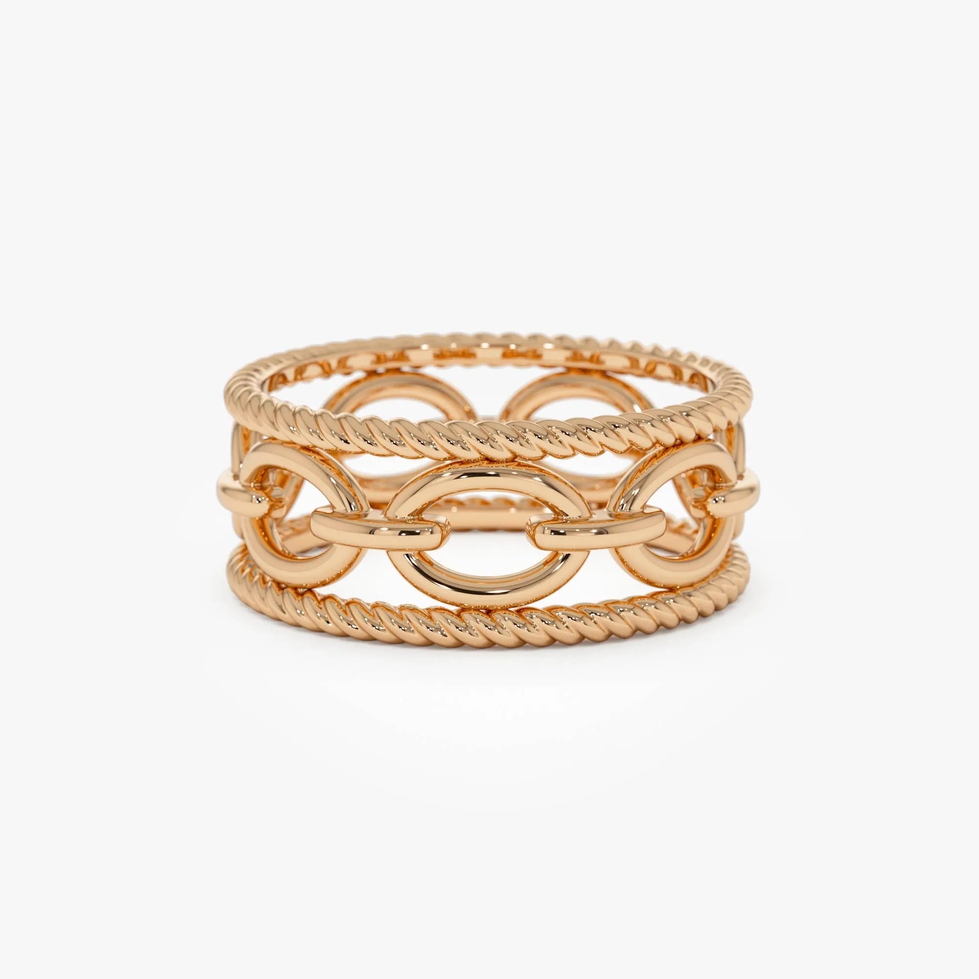 14k Solid Gold Rope Chain Link Wide Band Ring