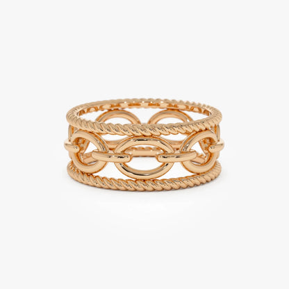 14k Solid Gold Rope Chain Link Wide Band Ring