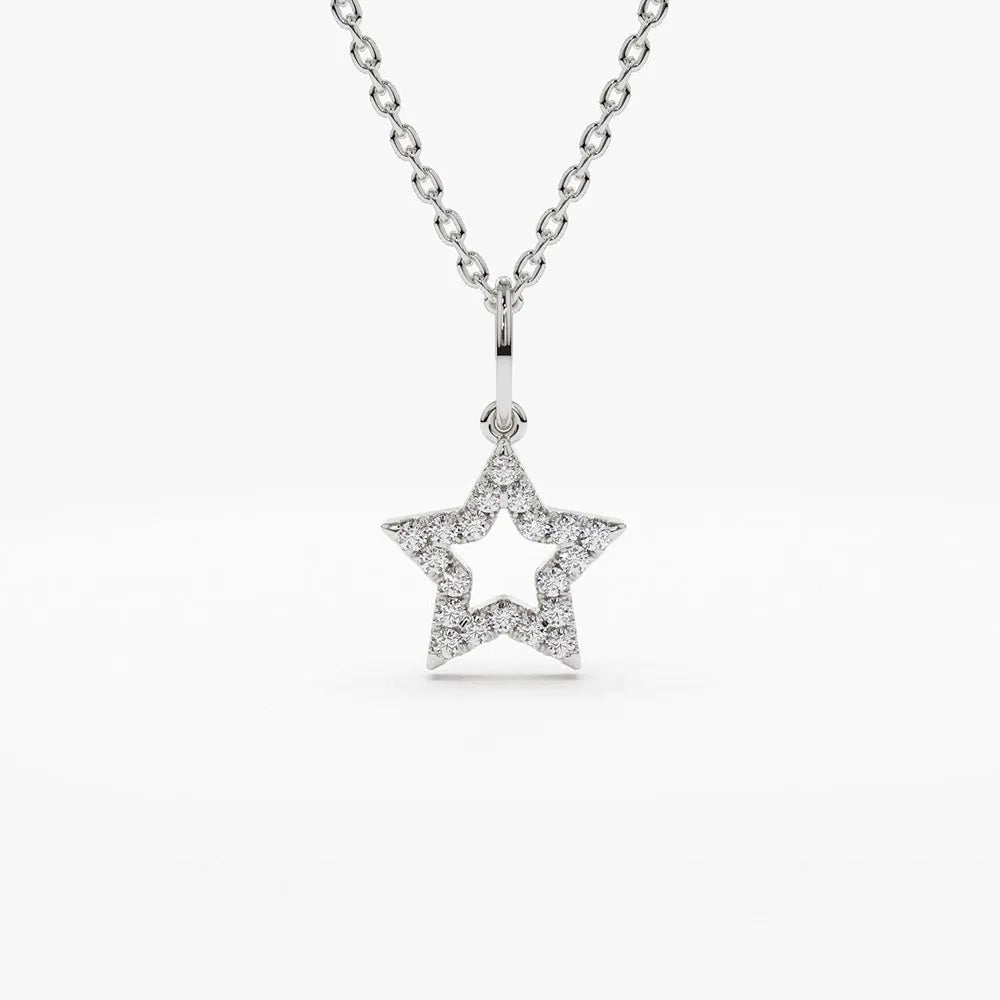 14K Solid Gold Round Diamond Star Charm Pendant Layering Necklace 0.14ctw