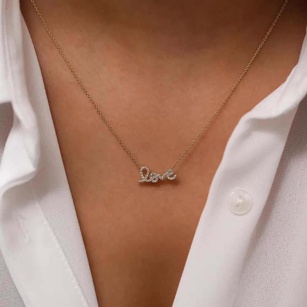 14K Solid Gold Round Diamond Love Pendant Necklace Prong Setting 0.21ctw