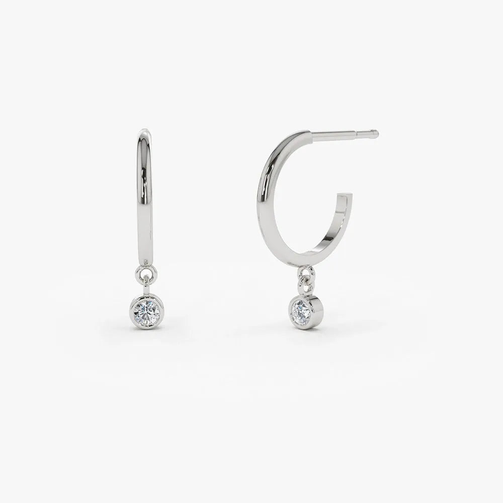 14k Gold Diamond Round Cut Dangling Charm Hoop Earrings Bezel Setting 0.06 ctw