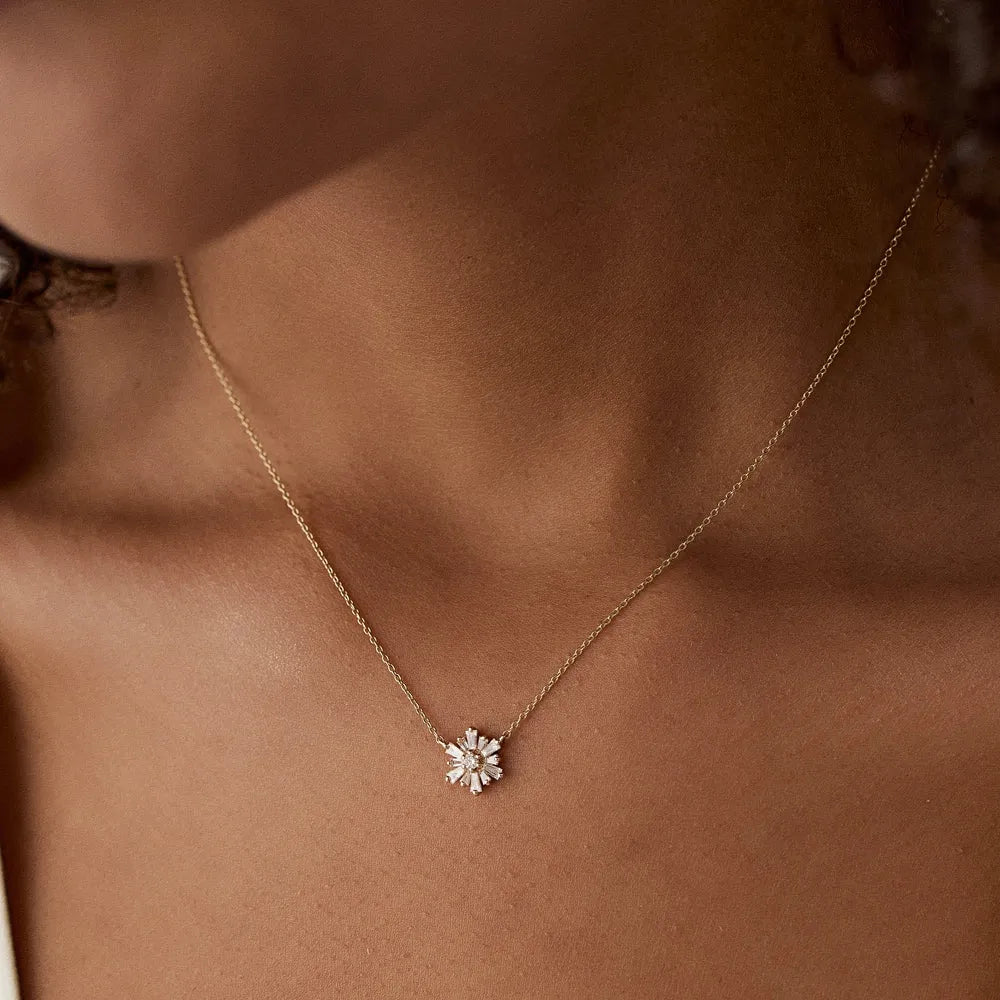 14K Solid Gold Round and Tapered Baguette Diamond Necklace Prong Setting 0.36ctw