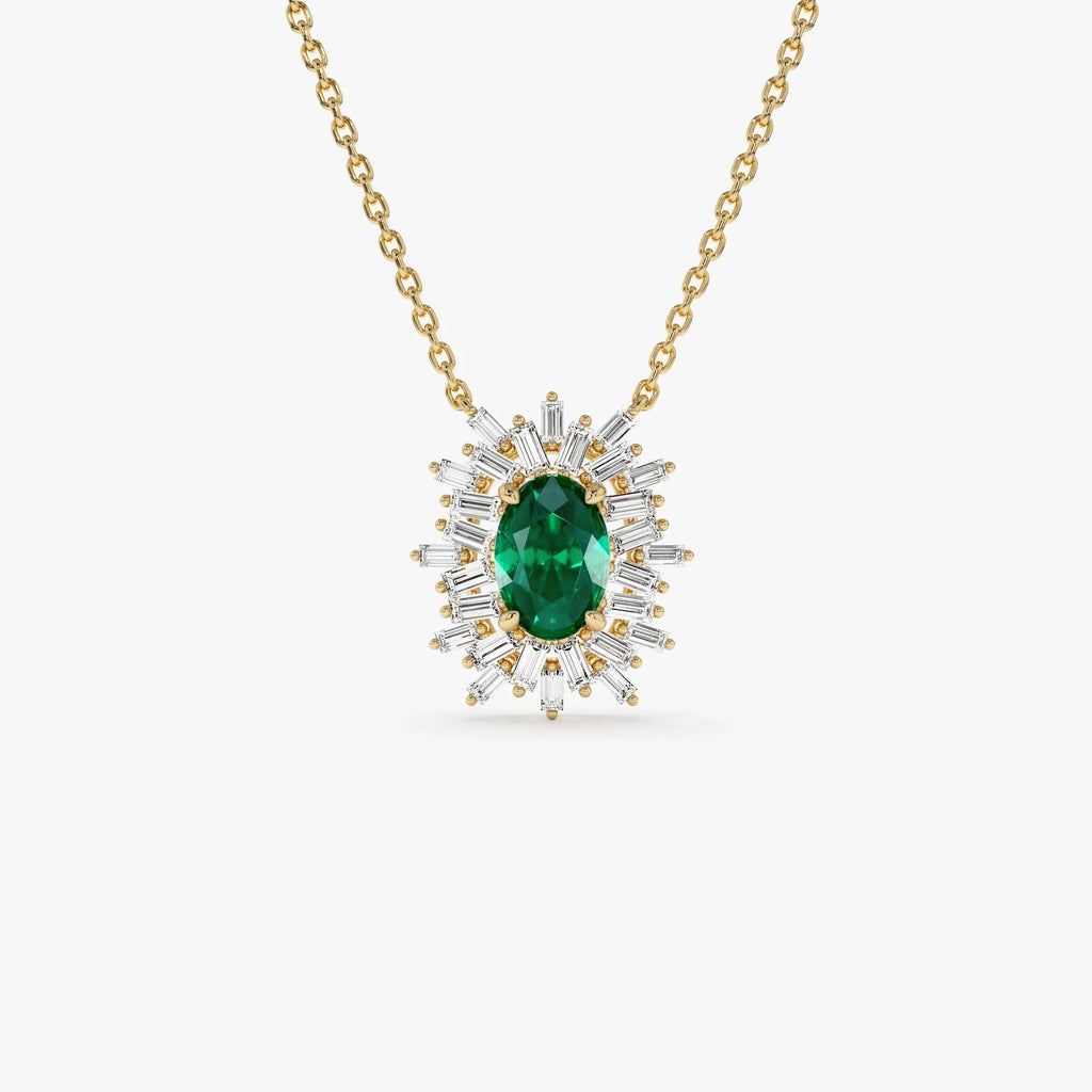 14k Solid Gold Oval Emerald 0.43 CTW and Baguette Diamond 0.28 CTW Ballerina Halo Pendant Necklace