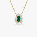 14k Solid Gold Oval Emerald 0.43 CTW and Baguette Diamond 0.28 CTW Ballerina Halo Pendant Necklace