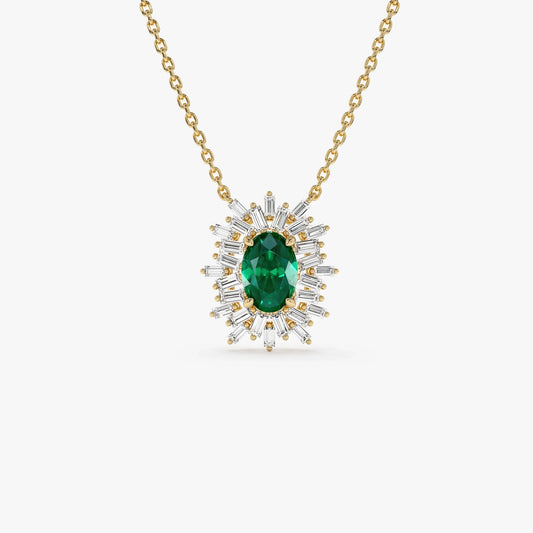 14k Solid Gold Oval Emerald 0.43 CTW and Baguette Diamond 0.28 CTW Ballerina Halo Pendant Necklace