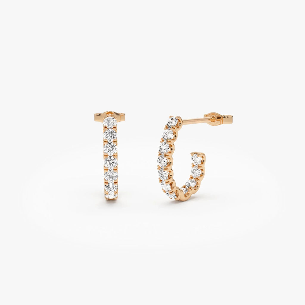 14k Gold Diamond Round Cut Inside Out J Hoop Earrings 0.95 ctw