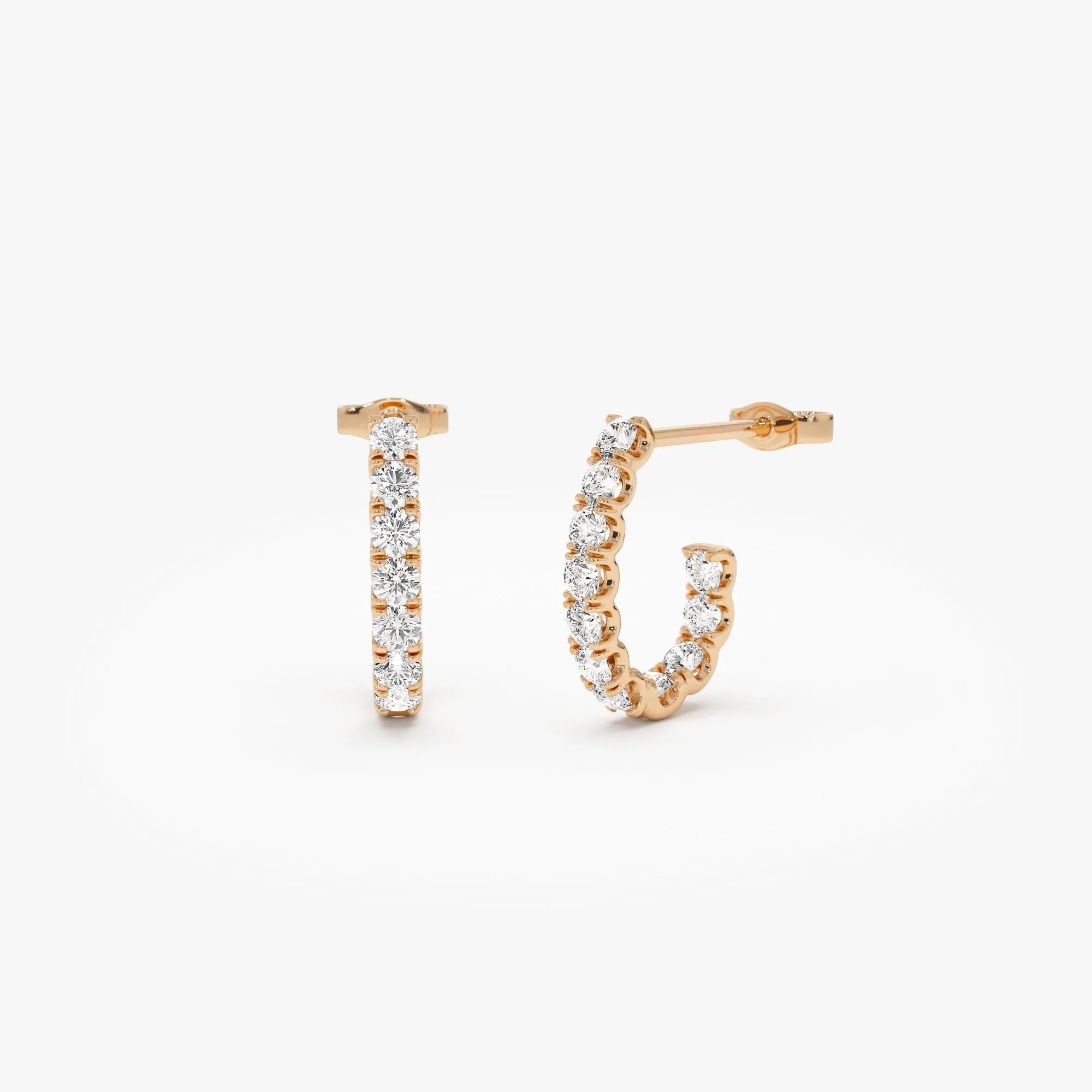 14k Gold Diamond Round Cut Inside Out J Hoop Earrings 0.95 ctw