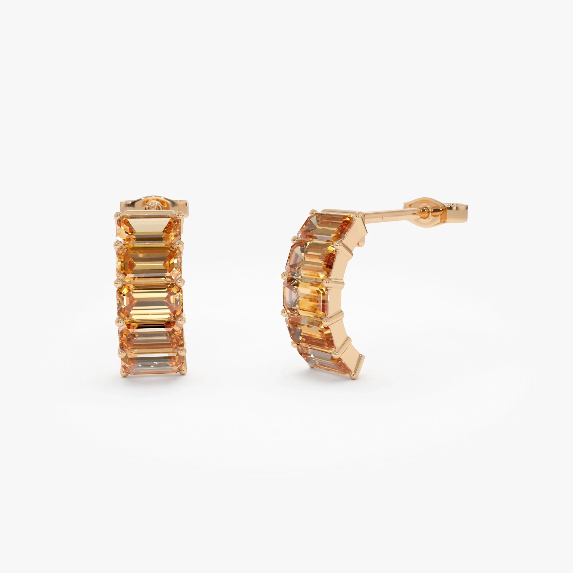 14K Solid Gold Octagon Cut Citrine Half Hoop Earrings 2.95ctw