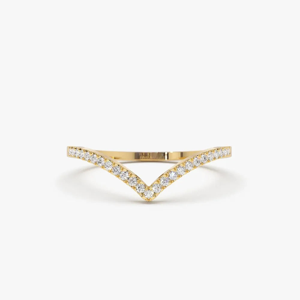14K Gold Round Diamond 0.14ctw Micro Pave Chevron Ring