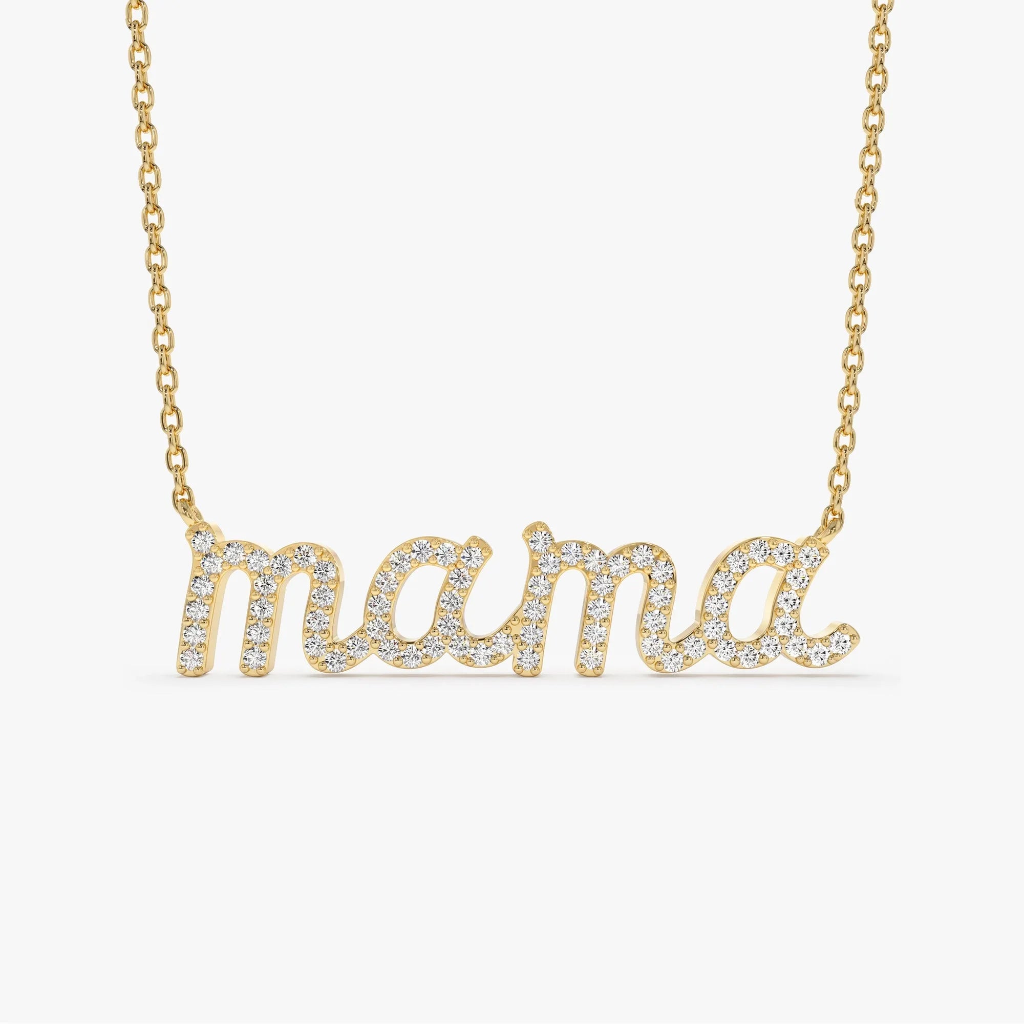 14k Solid Gold Round Diamond 0.30 CTW Micro Pave Script Mama Necklace