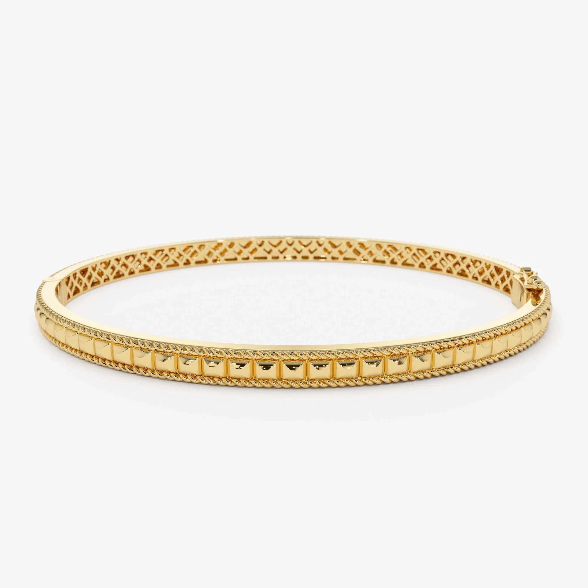 14K Solid Gold Wide Pyramid Design Bangle Bracelet