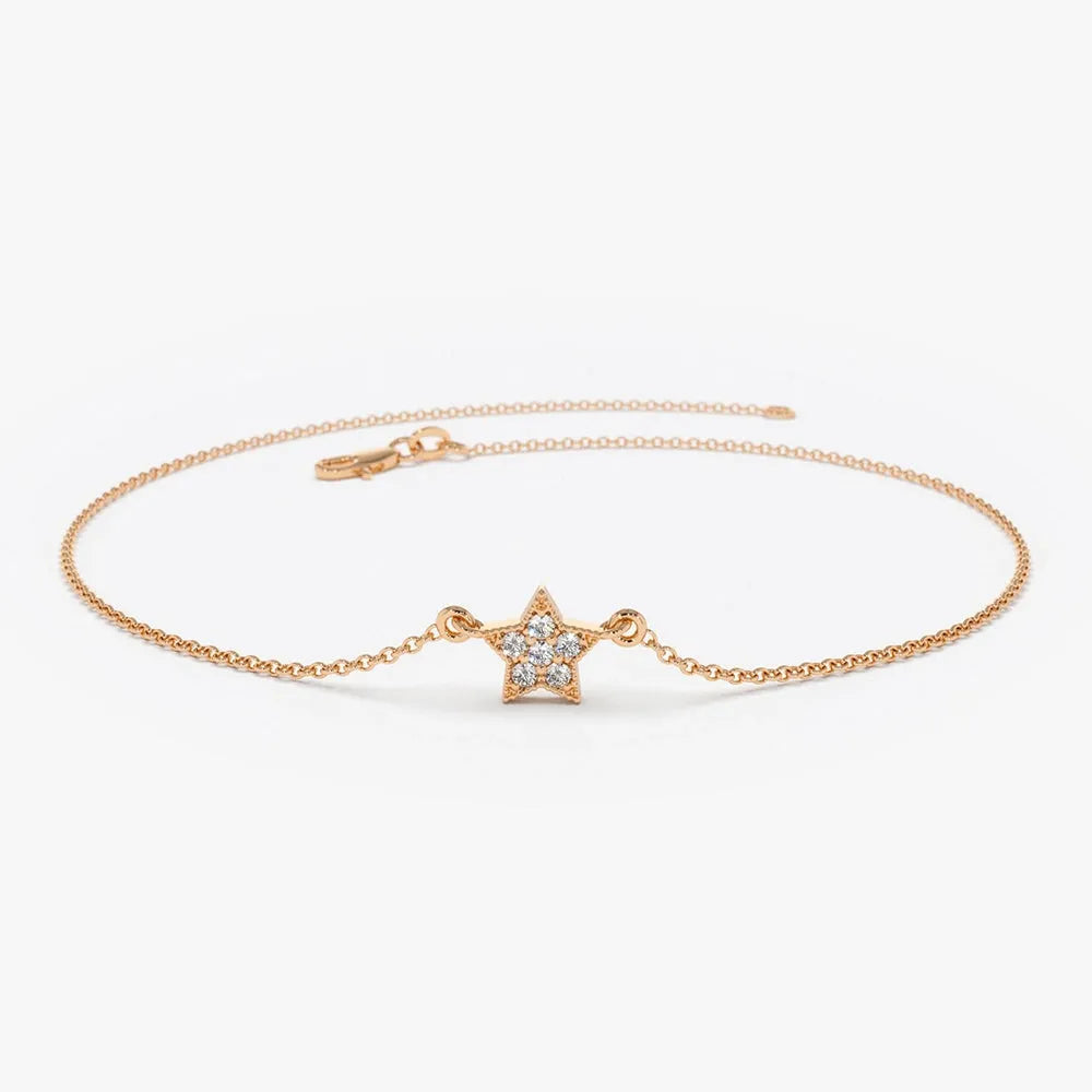 14K Solid Gold Round Diamond Star Charm Bracelet Micro Pave 0.06 Carat