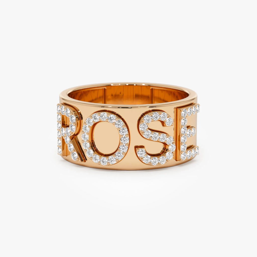 14K Solid Gold Diamond Chunky Name Band Ring Personalized Custom Jewelry