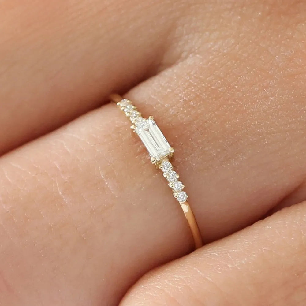 14K Solid Gold Baguette and Round Diamond 0.25 Ctw Prong Setting Engagement Ring