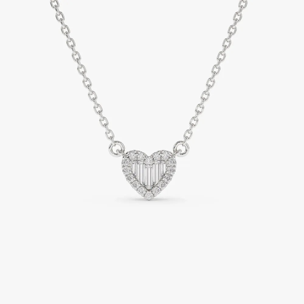 14K Solid Gold Round and Baguette Diamond Mini Heart Pendant Necklace 0.14ctw