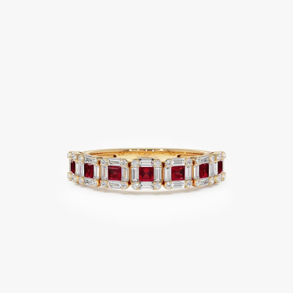 14k Gold Ruby and Diamond Princess Baguette and Round Cut Ring 0.80 ctw