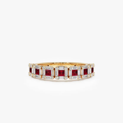 14k Gold Ruby and Diamond Princess Baguette and Round Cut Ring 0.80 ctw