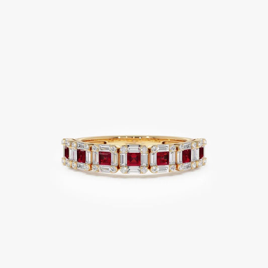 14k Gold Ruby and Diamond Princess Baguette and Round Cut Ring 0.80 ctw