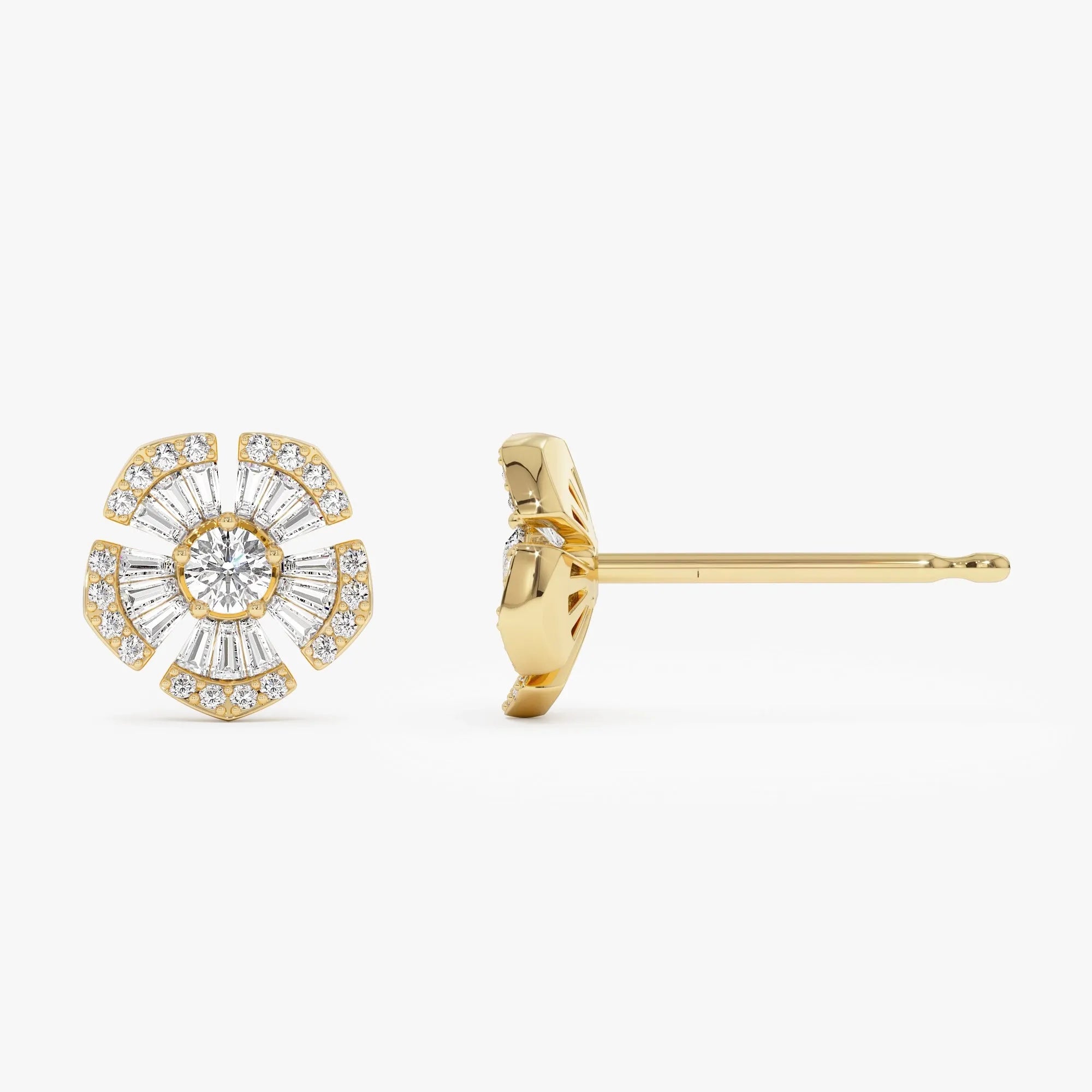 14k Gold Diamond Baguette and Round Cut Flower Stud Earrings 0.85 ctw