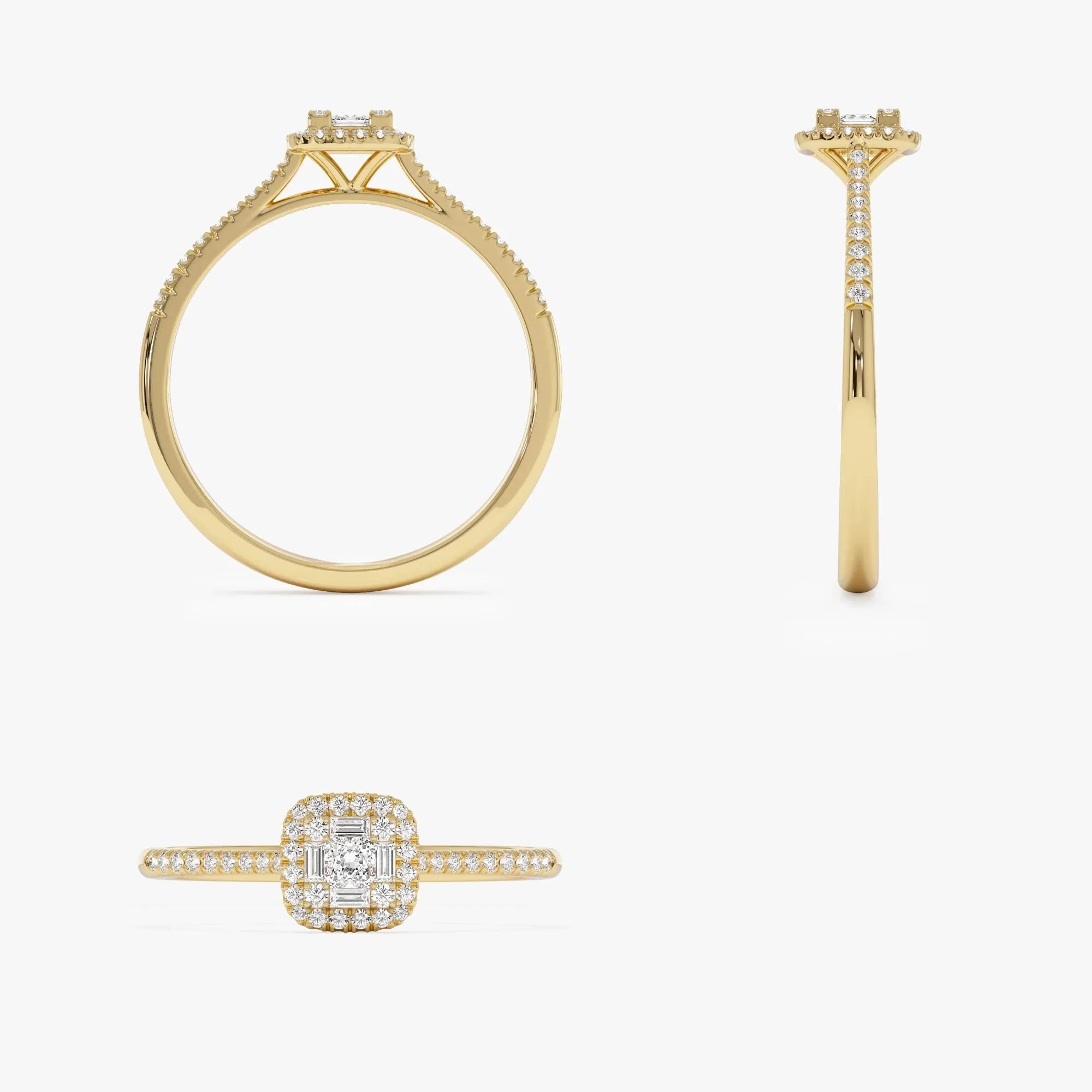 14k Gold 0.25 CTW Round Baguette and Princess Cut Diamond Halo Ring
