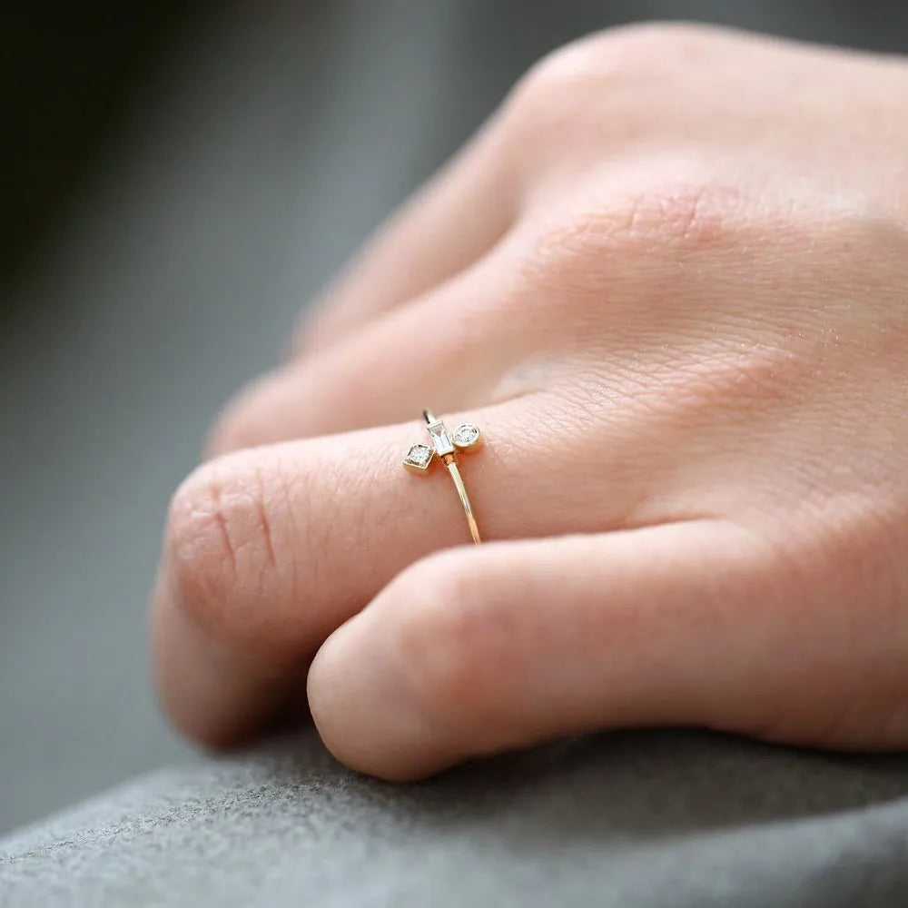 14K Solid Gold Baguette and Round Cut Diamond Trio Ring 0.13 CTW Channel and Bezel Setting