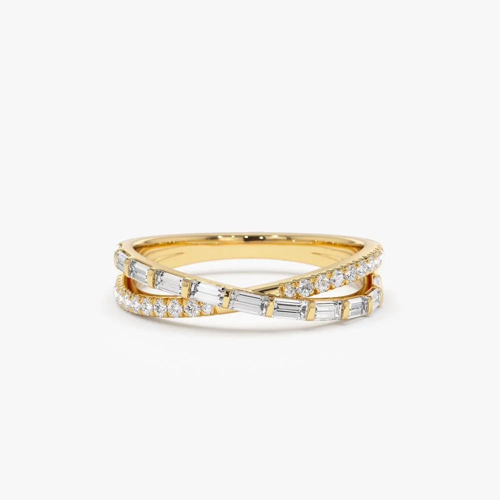 14k Gold 0.49 Carat Round and Baguette Diamond Crossover Ring
