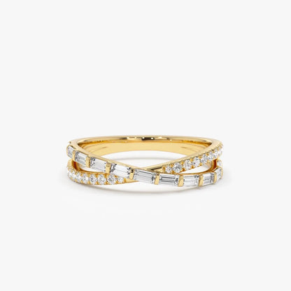 14k Gold 0.49 Carat Round and Baguette Diamond Crossover Ring