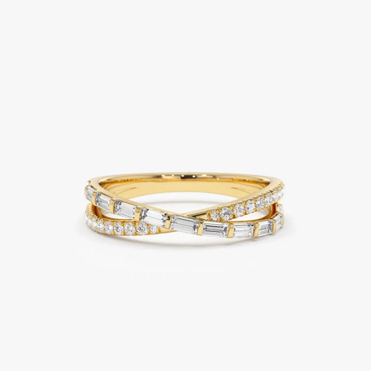 14k Gold 0.49 Carat Round and Baguette Diamond Crossover Ring