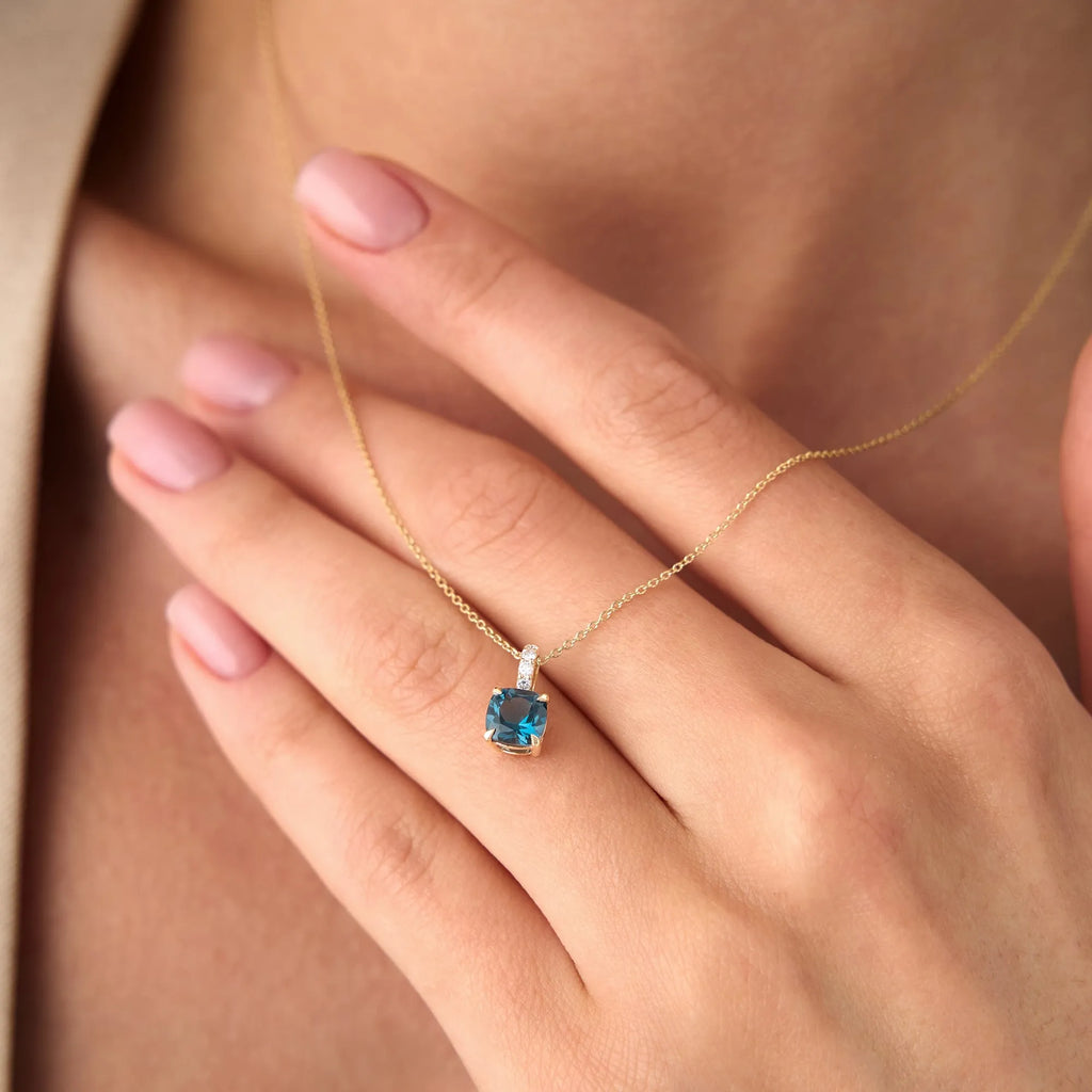 14k Solid Gold London Blue Topaz and Diamond Cushion Cut Pendant Necklace 1.07 Carat