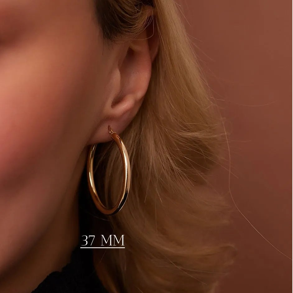 14k Solid Gold Round Hoop Earrings 3mm Thick Polished