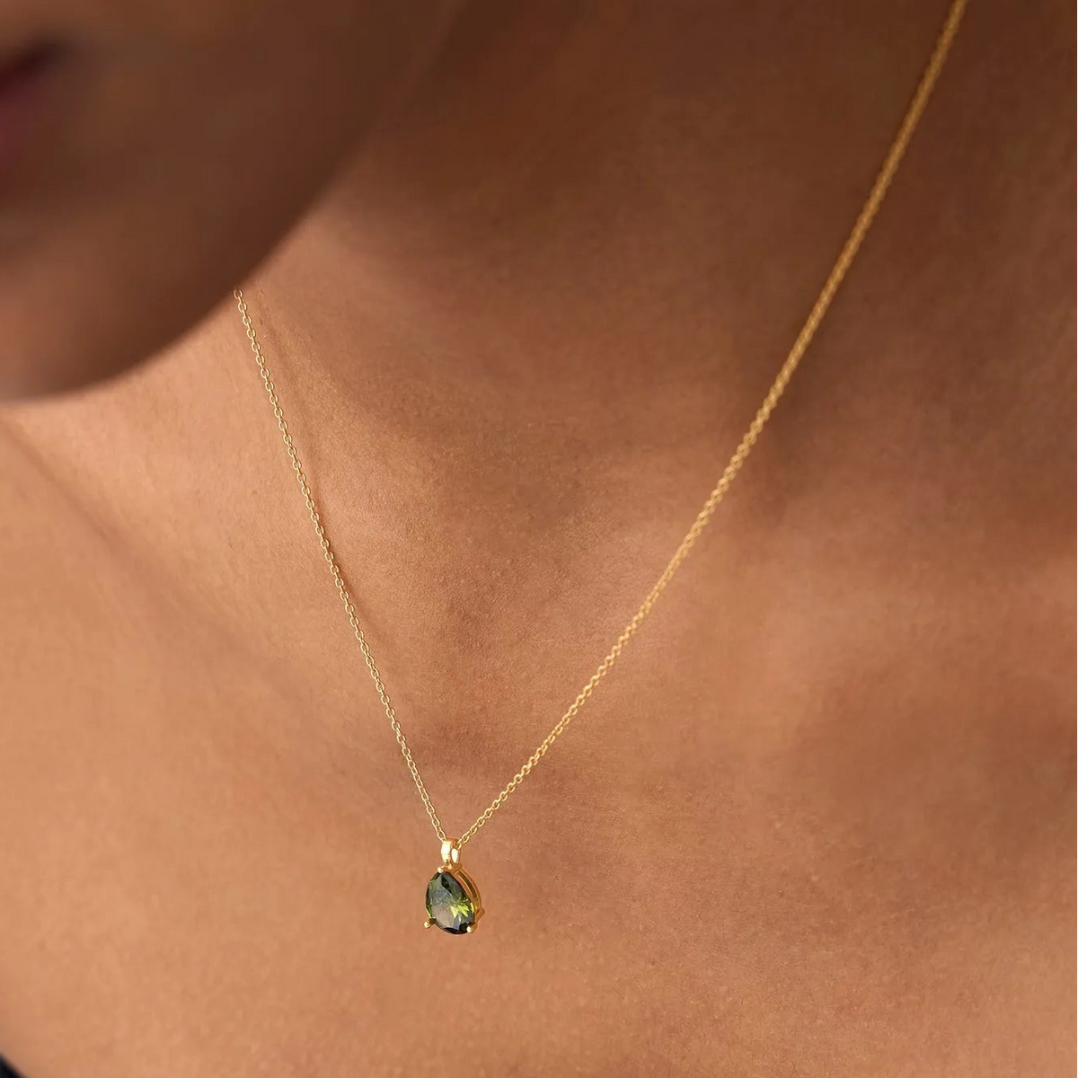 14k Solid Gold Peridot Pear Shaped Solitaire Necklace 0.65 Carat