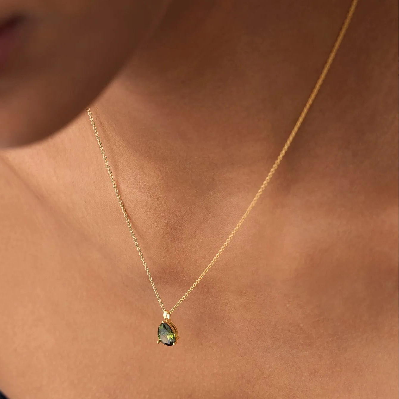 14k Solid Gold Peridot Pear Shaped Solitaire Necklace 0.65 Carat