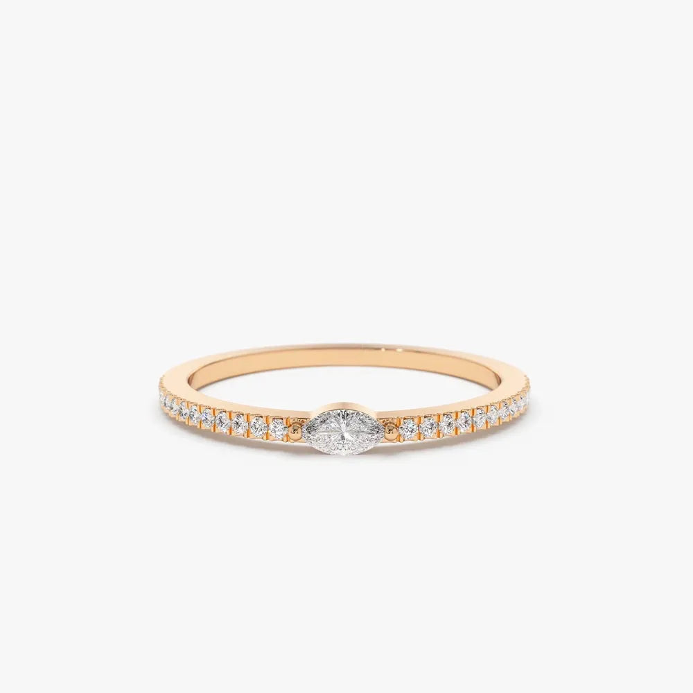 14k Gold Marquise Round Diamond Stackable Ring Micro Pave 0.21ctw