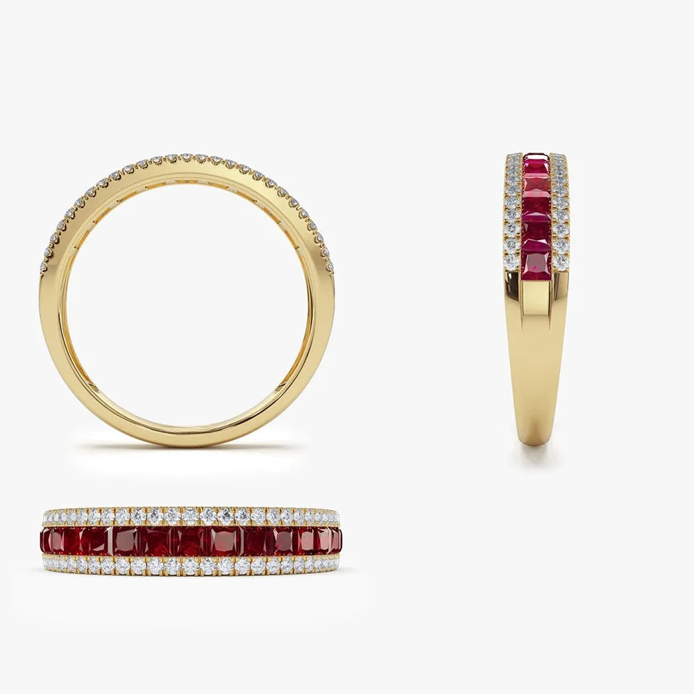 14k Solid Gold Ruby and Diamond Square and Round Cut Half Eternity Ring 1.05 ctw