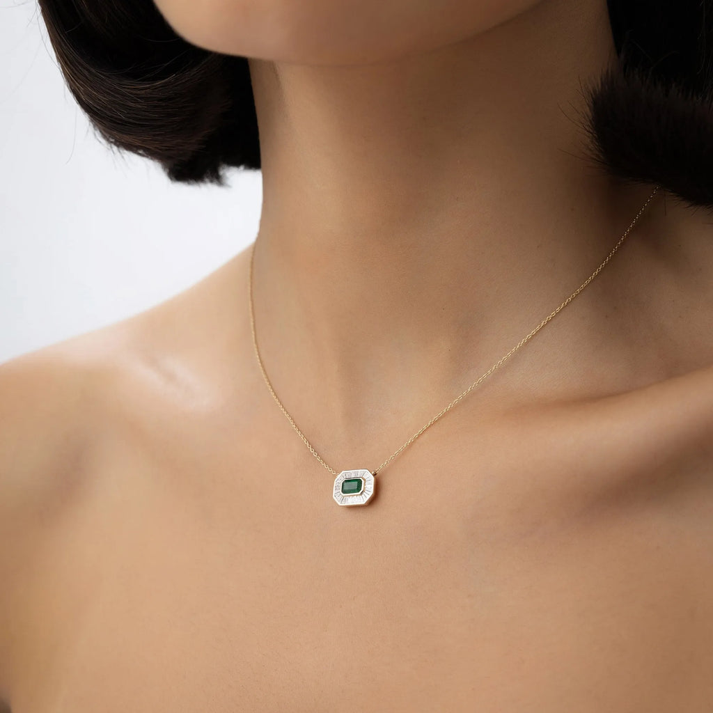 14k Solid Gold Octagon Emerald 0.65 CTW and Baguette Diamond 0.45 CTW Halo Pendant Necklace