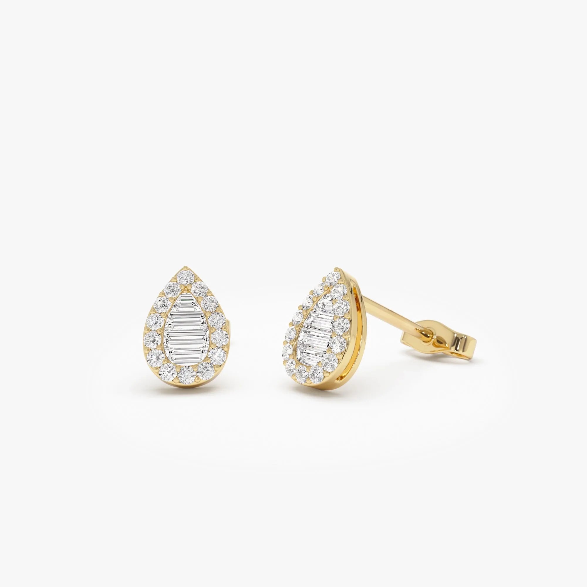 14k Gold Diamond Baguette and Round Cut Pear Stud Earrings 0.35 ctw