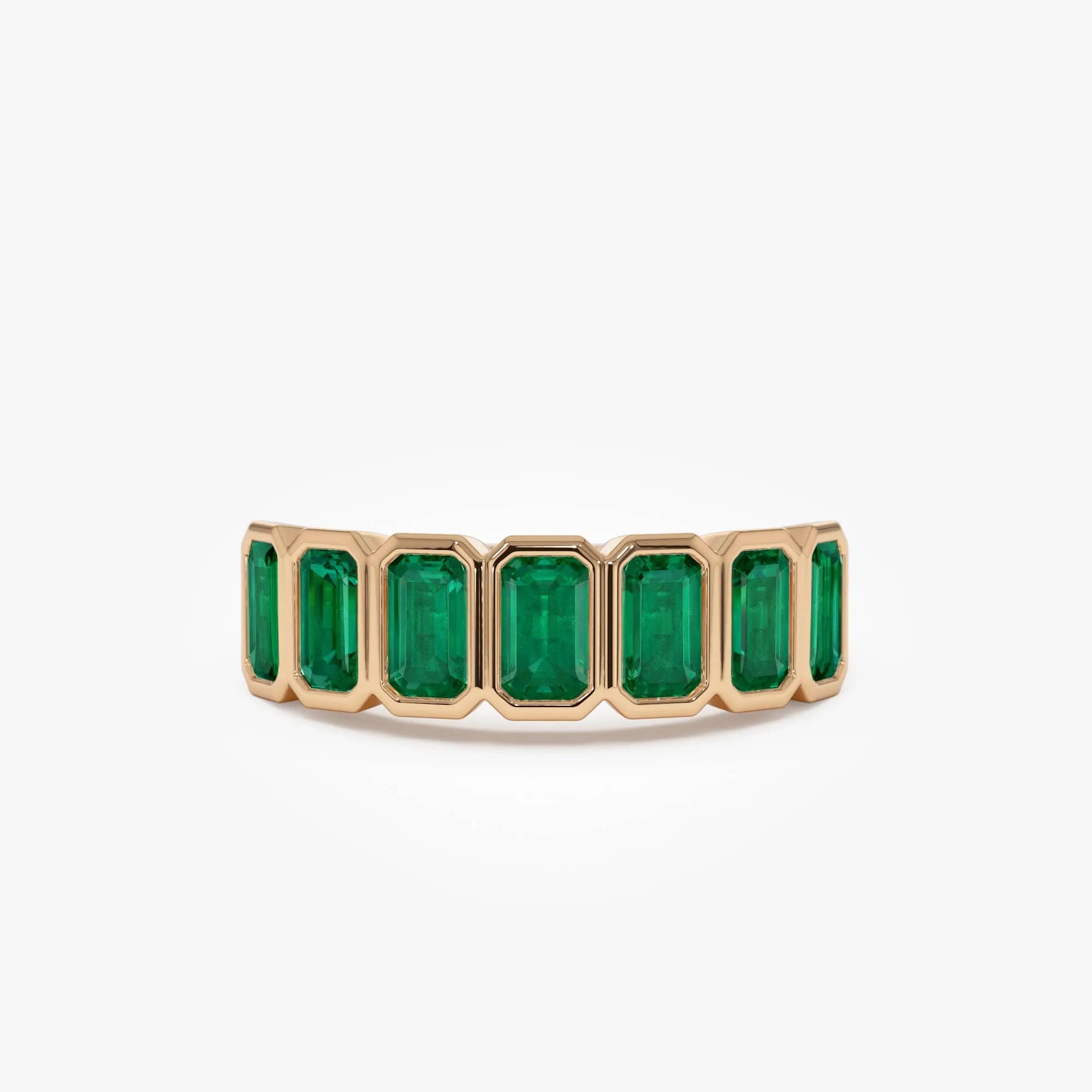 14K Solid Gold Octagon Emerald Seven Stone Bezel Set Ring 2.05 CTW