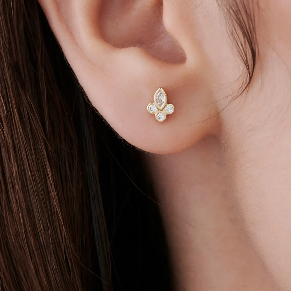 14k Gold Diamond Marquise and Round Cut Crown Earrings Bezel Setting 0.29 ctw