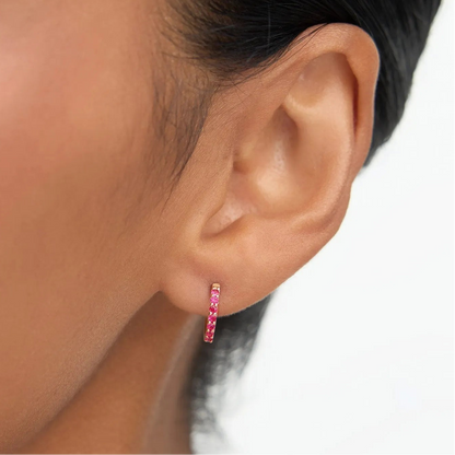 14K Solid Gold Round Ruby Huggie Hoop Earrings 0.35ctw
