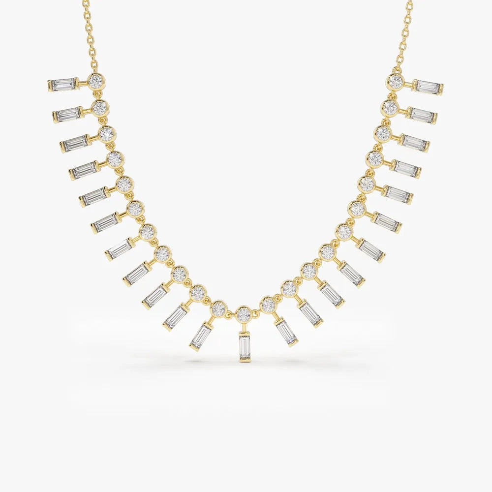 14K Solid Gold Baguette and Round Diamond Statement Necklace Bezel Set 1.75ctw